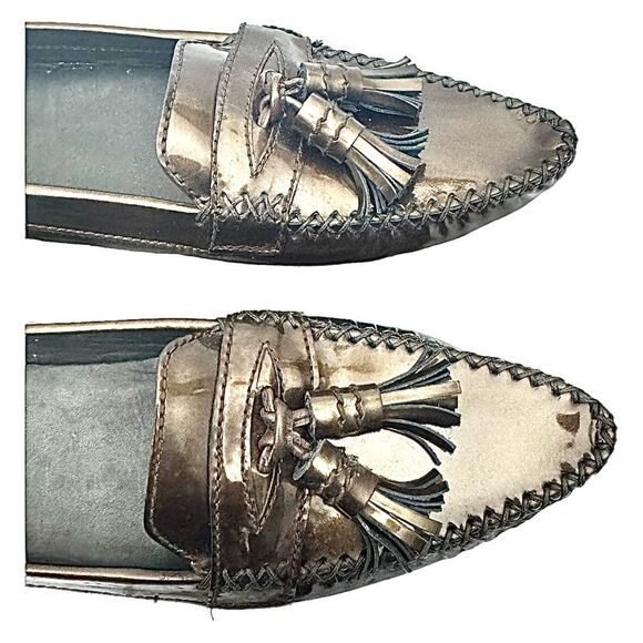Stuart Weiztman Women’s Patent Tassel Loafer Bronze Metallic Size 6.5 Narrow - Picture 8 of 10